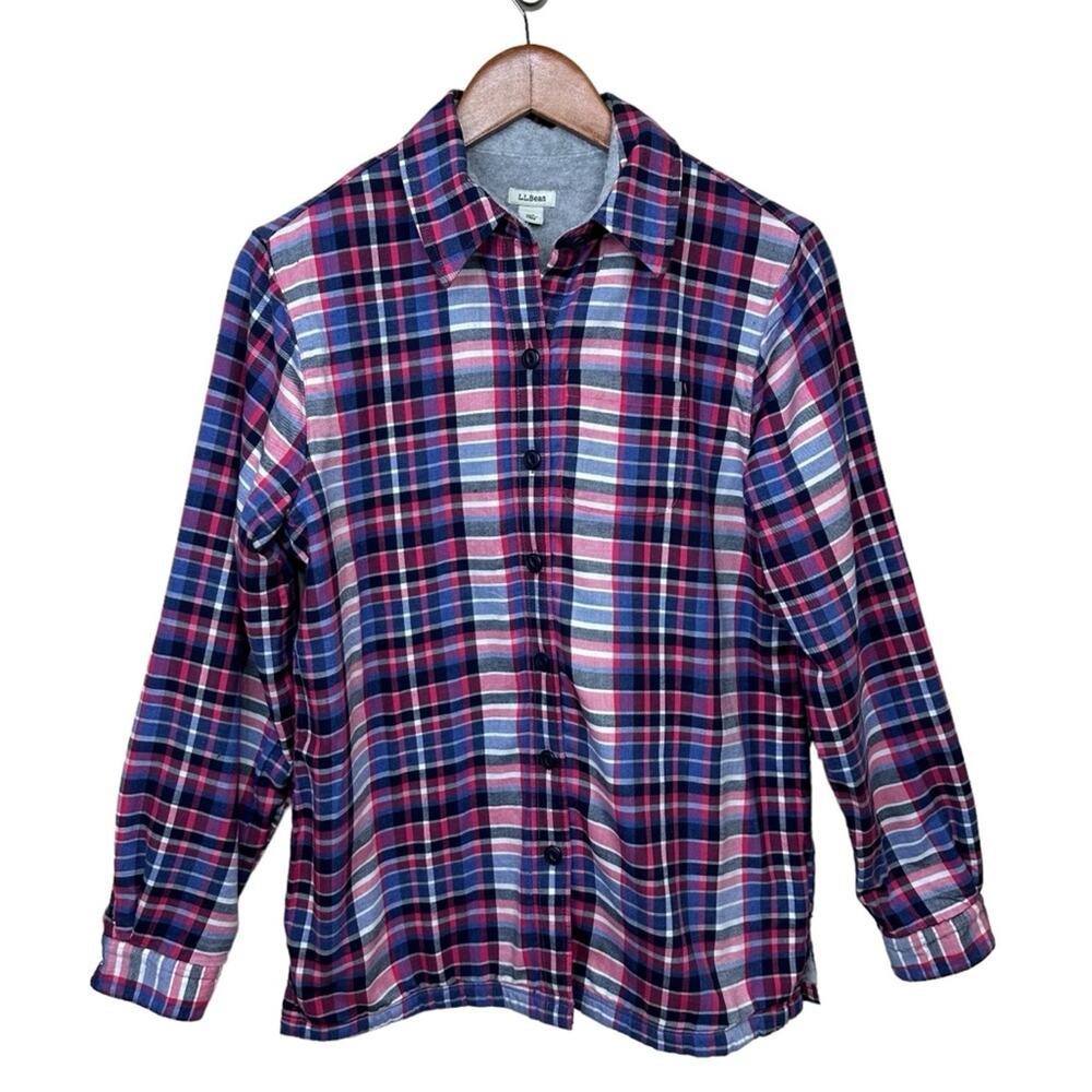 L.L. BEAN Plaid Shacket Womens Sz XS Flannel Fleece Fur Lined Blue Pink Gorpcore